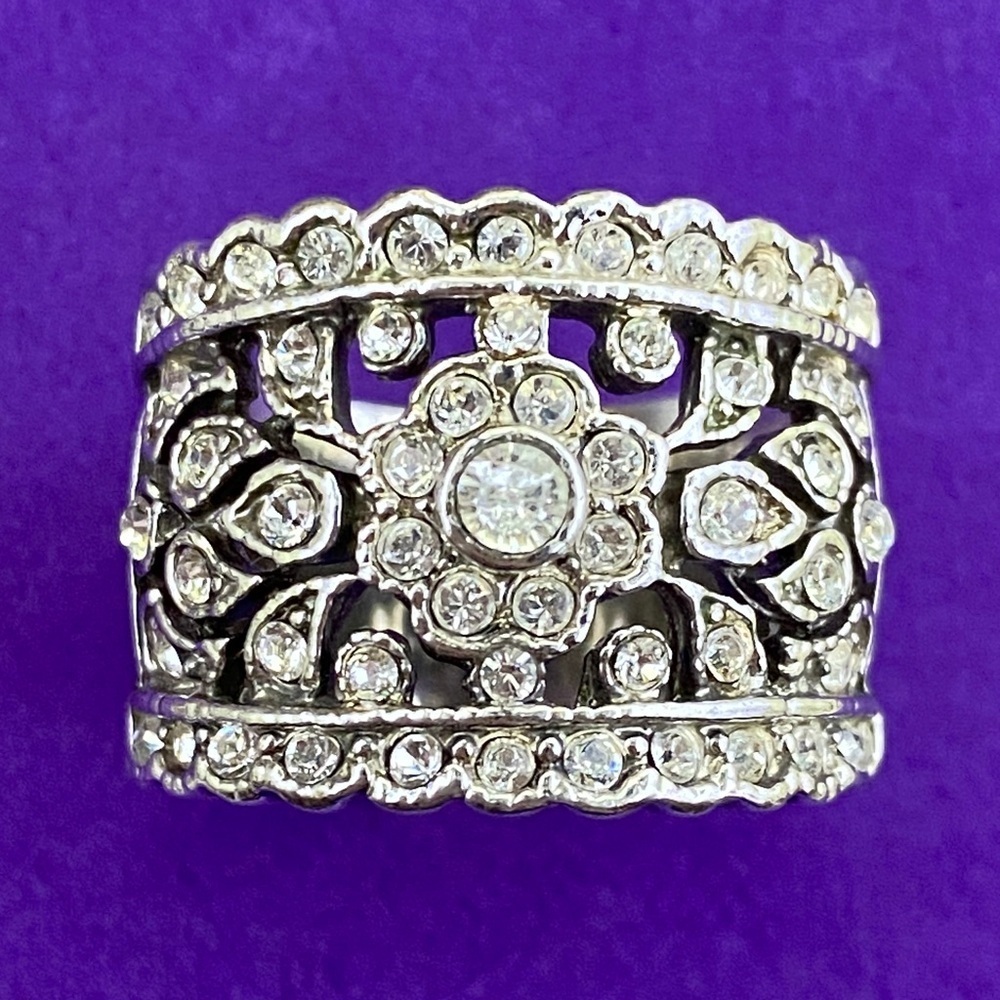 💛 Vintage Silver Statement Ring | Filigree Crystal Band | Bold Boho Glam Jewelry